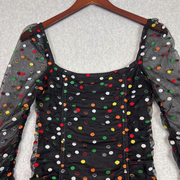 Camila Coelho Black Multi Polka Dot Kiana Sheer Long Sleeve Mini Dress Sz Small - Picture 2 of 8